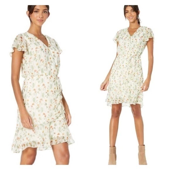 Sam Edelman Off White Multicolor Floral Ruffle Detail Shirred Skirt Dress Sz 8 - Picture 1 of 11